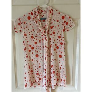 Alice + Olivia Polka Dot Silk Blend Blouse sash tie button front white red XS Ne